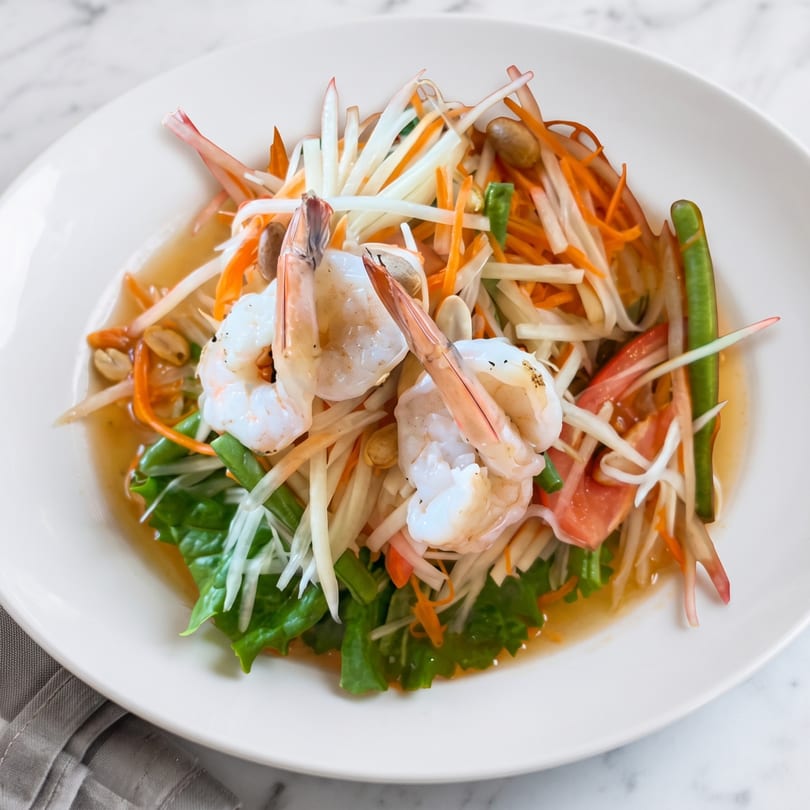Som Tum, a Thai papaya salad with shrimp, peanuts, green beans, and tomatoes.