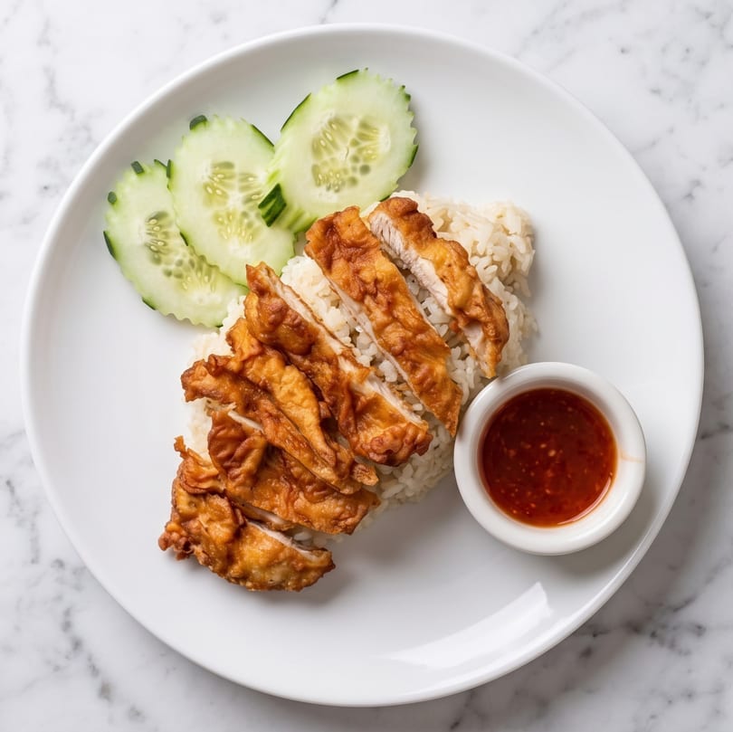 Crispy fried chicken over rice with cucumber slices and a side of chili sauce on a white plate.