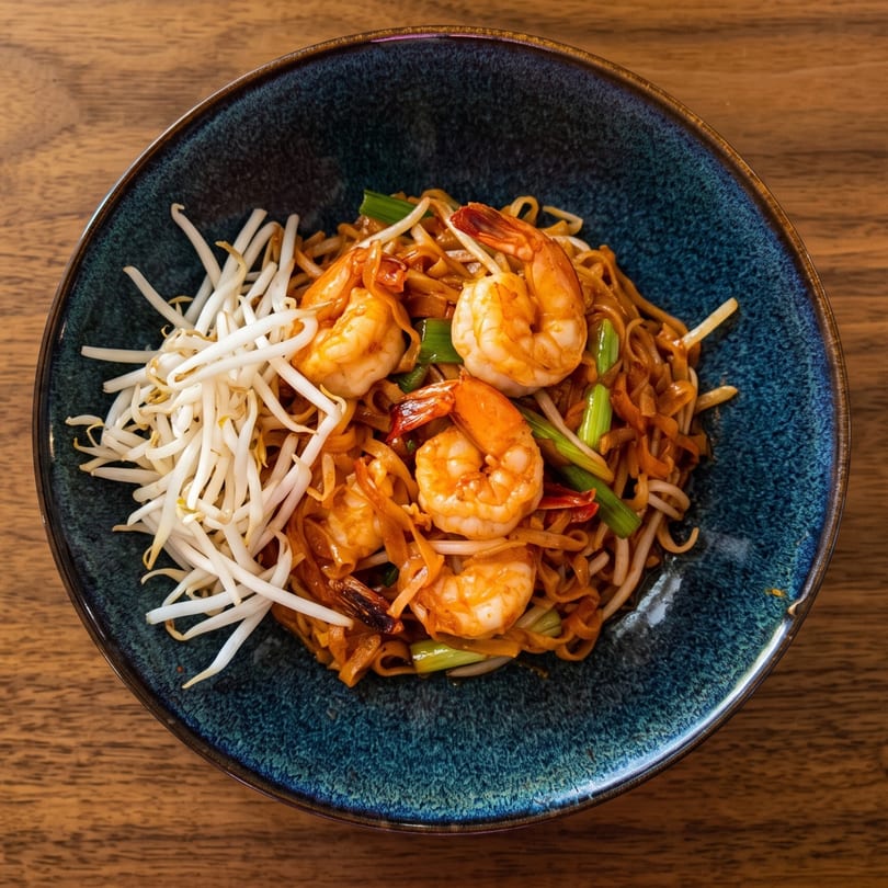 Shrimp Pad Thai with bean sprouts and green onions in a blue bowl on a wooden table.