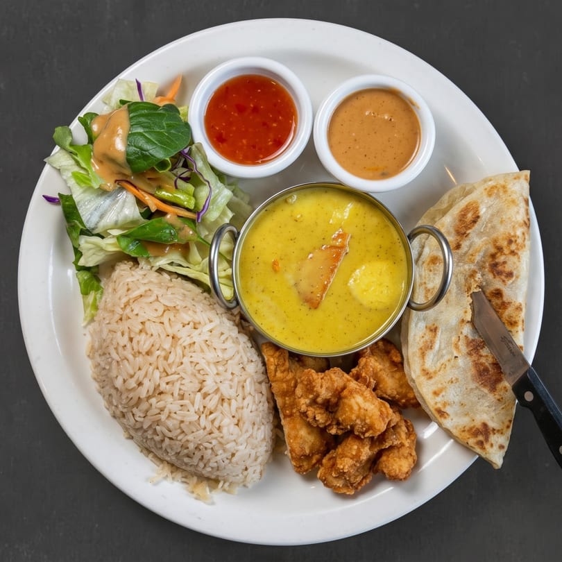 A white plate with yellow curry, fried chicken, brown rice, salad, flatbread, and two dipping sauces.