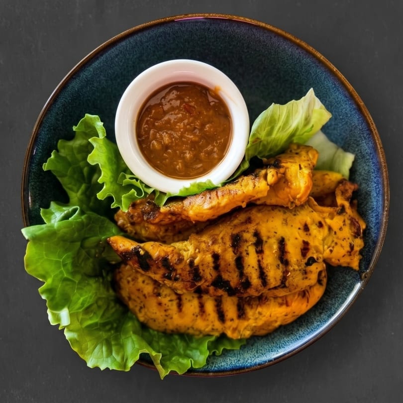 Grilled chicken satay skewers with peanut sauce and lettuce on a blue plate.