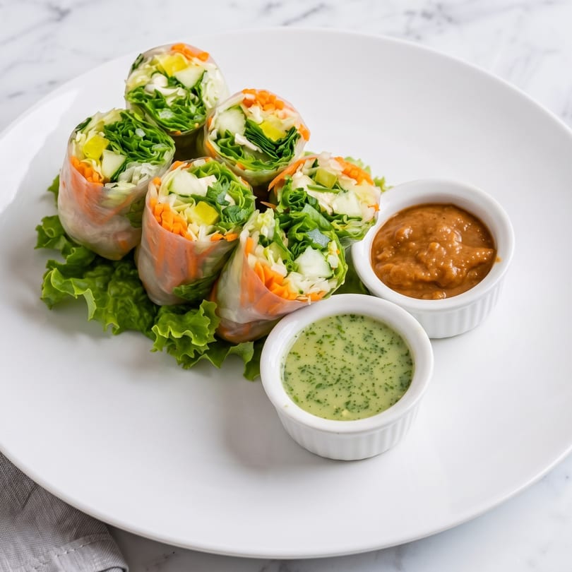 Fresh spring rolls filled with vegetables and two dipping sauces on a white plate.