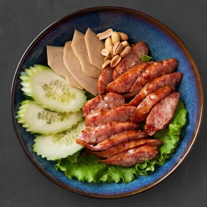 A blue bowl with sliced sausages, peanuts, cucumbers, and flat meat slices on lettuce.
