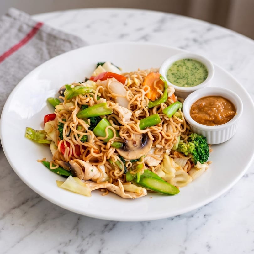 Noodle stir-fry with chicken, vegetables, and two dipping sauces on a white plate.