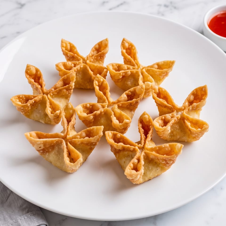 A white plate holds eight golden-brown crab rangoon, with a small dish of red dipping sauce in the background.