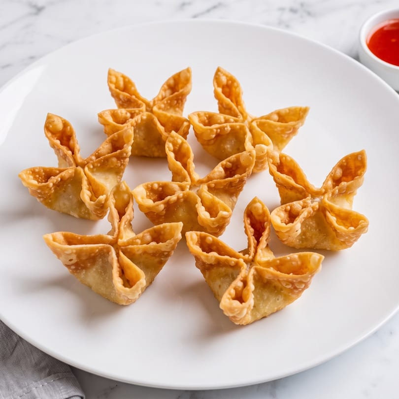 A white plate holds eight golden-brown crab rangoon, with a small dish of red dipping sauce in the background.